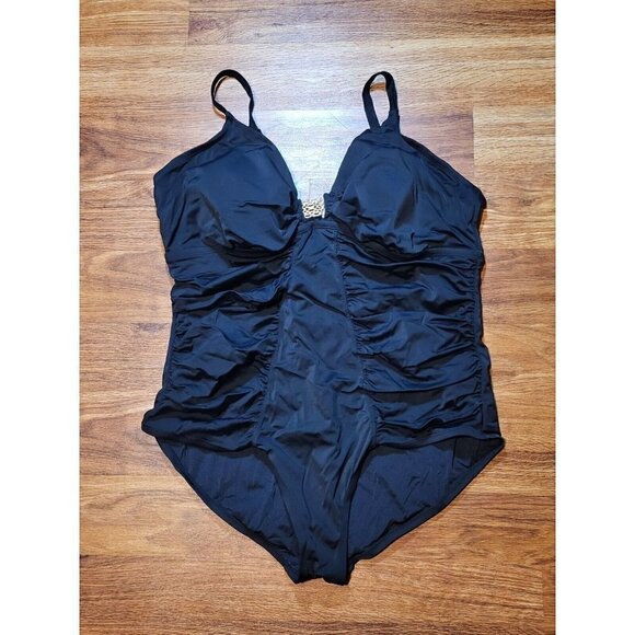 Tropical Escape Womens Size 20W Solid Black One Piece Swimsuit - Picture 1 of 4